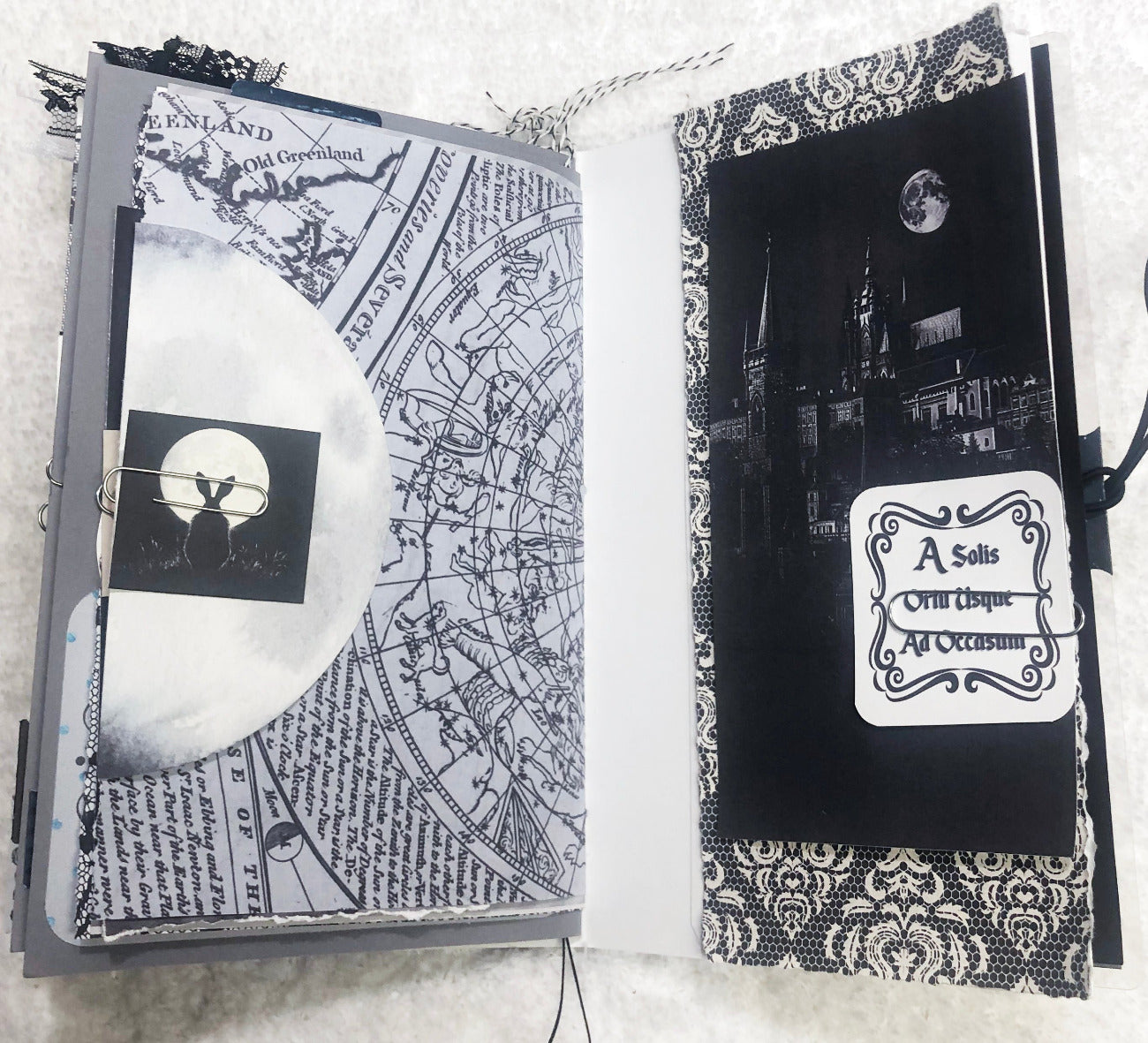 Handmade junk journal with full moon and hare, full moon over Prague castle