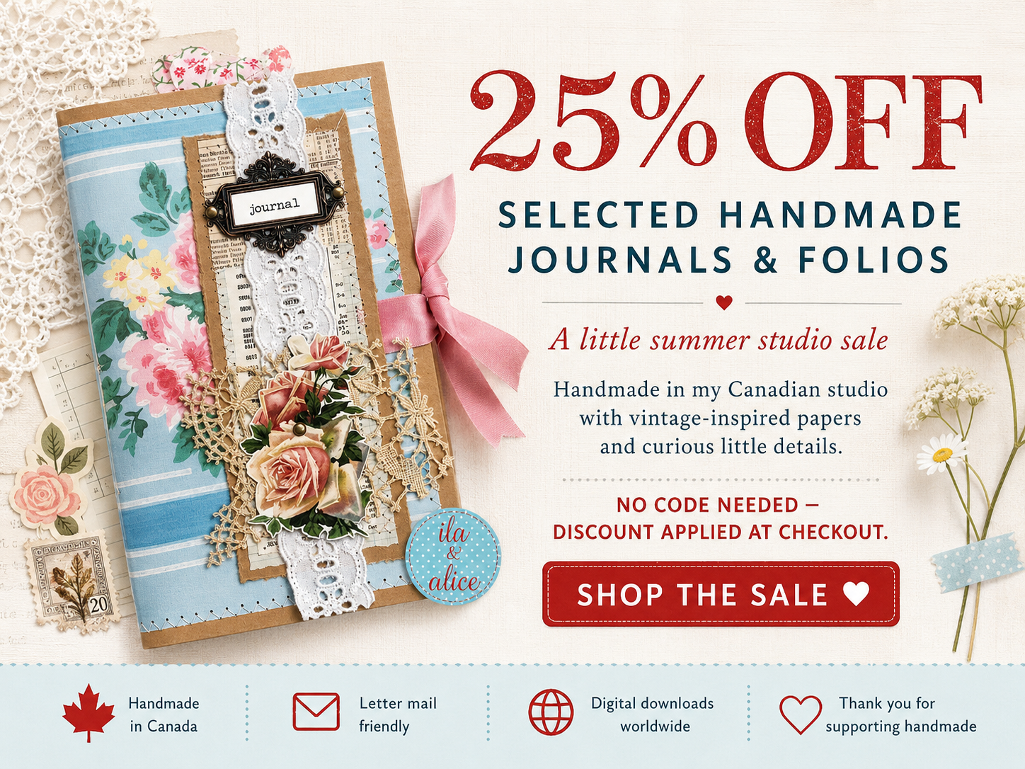 25% off all handmade journals and folios at ila and alice