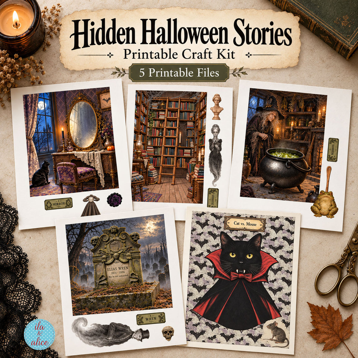 Hidden Halloween Stories printable craft kit showing five interactive Halloween scenes including a haunted mirror, library, bubbling cauldron, gothic tombstone, and vampire black cat with mouse.
