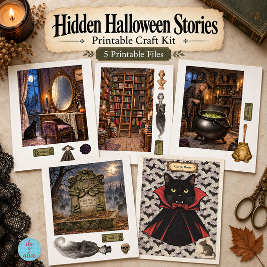 Hidden Halloween Stories printable craft kit showing five interactive Halloween scenes including a haunted mirror, library, bubbling cauldron, gothic tombstone, and vampire black cat with mouse.