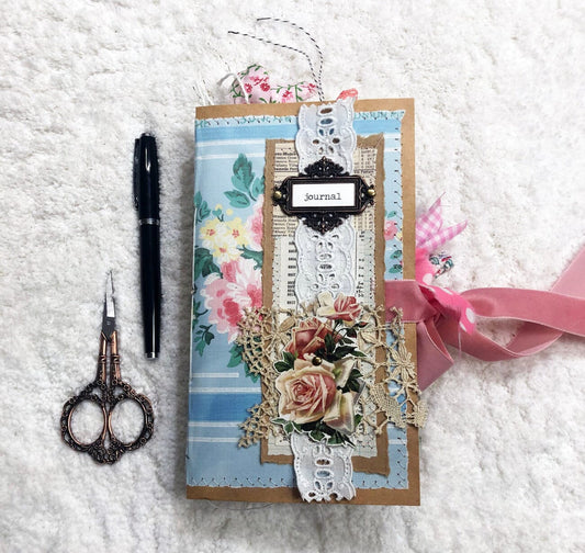Whimsical Shabby Junk Journal- Pink and Blue Floral with White Eyelet Lace & Pink Roses Journal ila & alice 