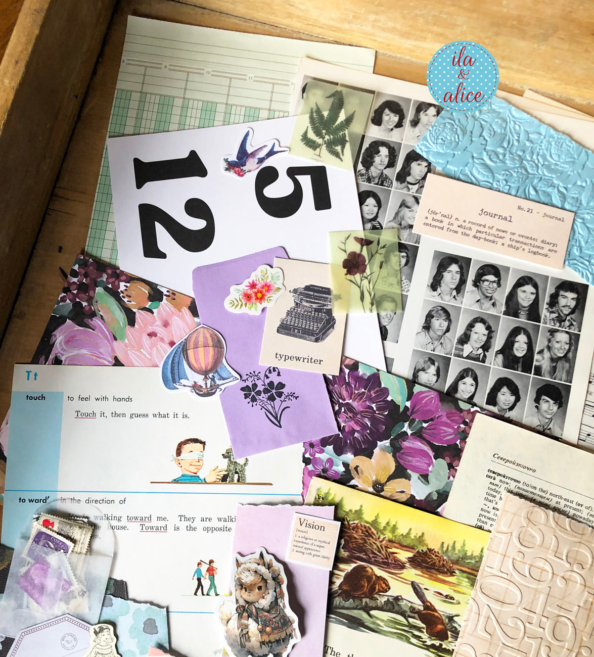 Curated 8x12 junk journal ephemera pack with layered papers, botanical elements, and tuck-able pieces. Vintage pieces of ephemera and vintage book pages included.