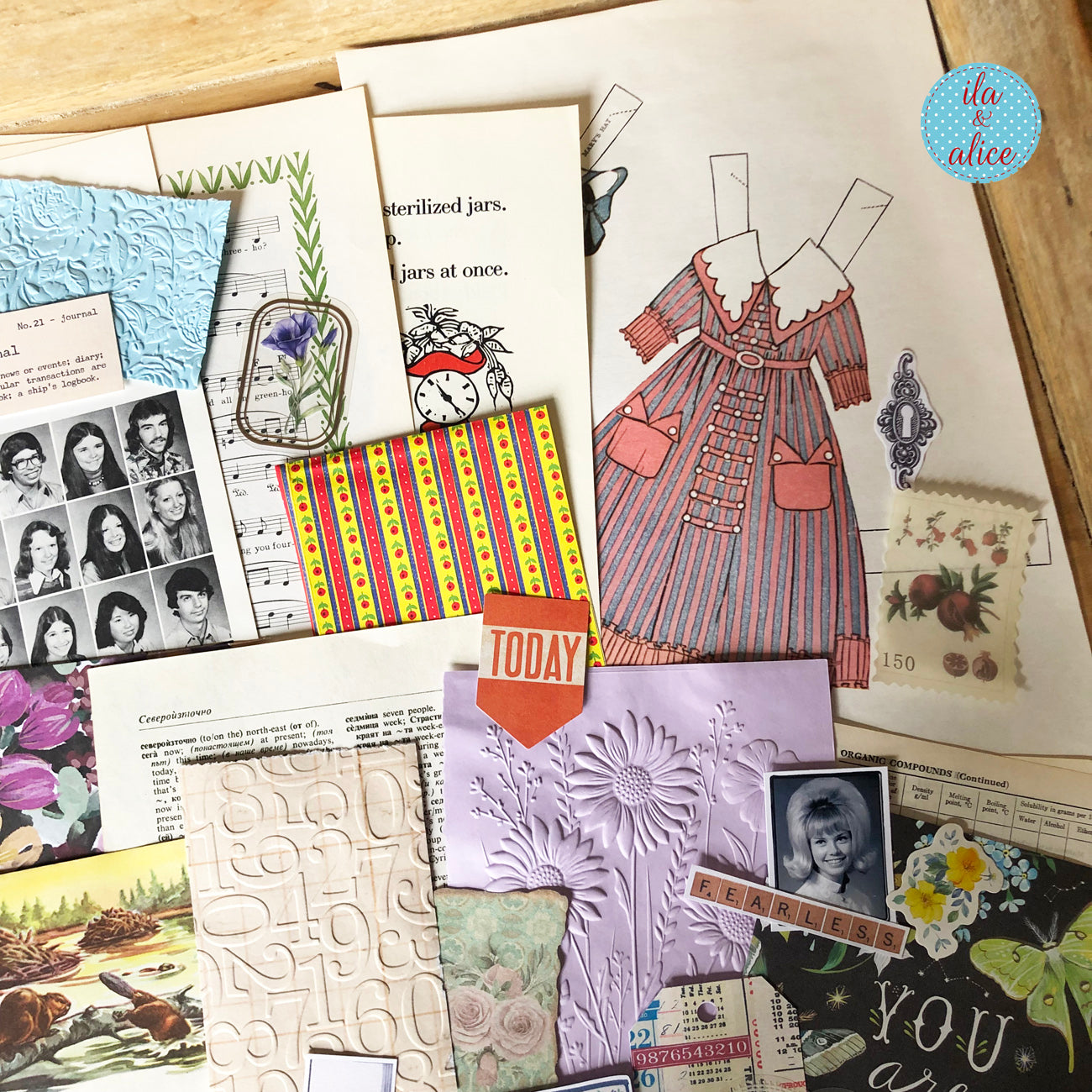 Curated 8x12 junk journal ephemera pack with layered papers, botanical elements, and tuck-able pieces. Vintage pieces of ephemera and vintage book pages included.