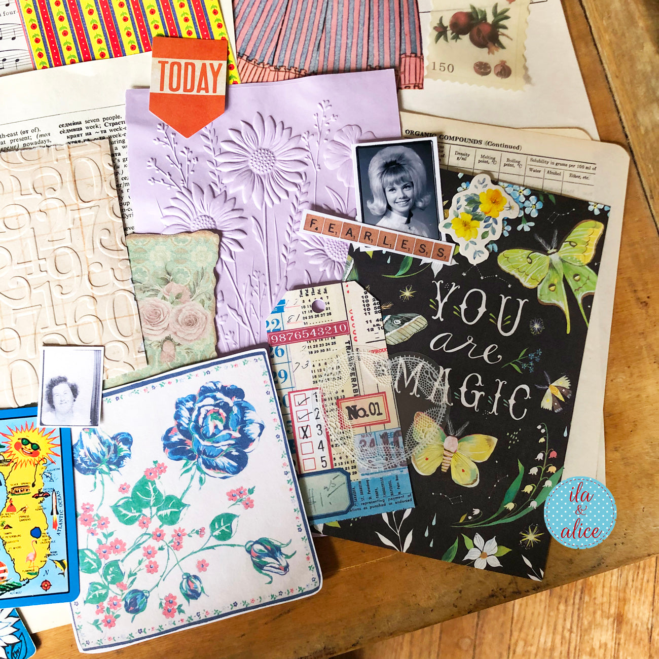 Curated 8x12 junk journal ephemera pack with layered papers, botanical elements, and tuck-able pieces. Vintage pieces of ephemera and vintage book pages included.