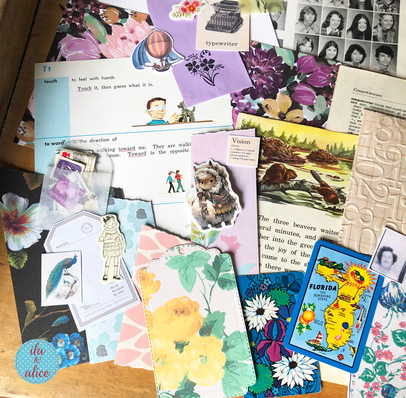 Curated 8x12 junk journal ephemera pack with layered papers, botanical elements, and tuck-able pieces. Vintage pieces of ephemera and vintage book pages included.