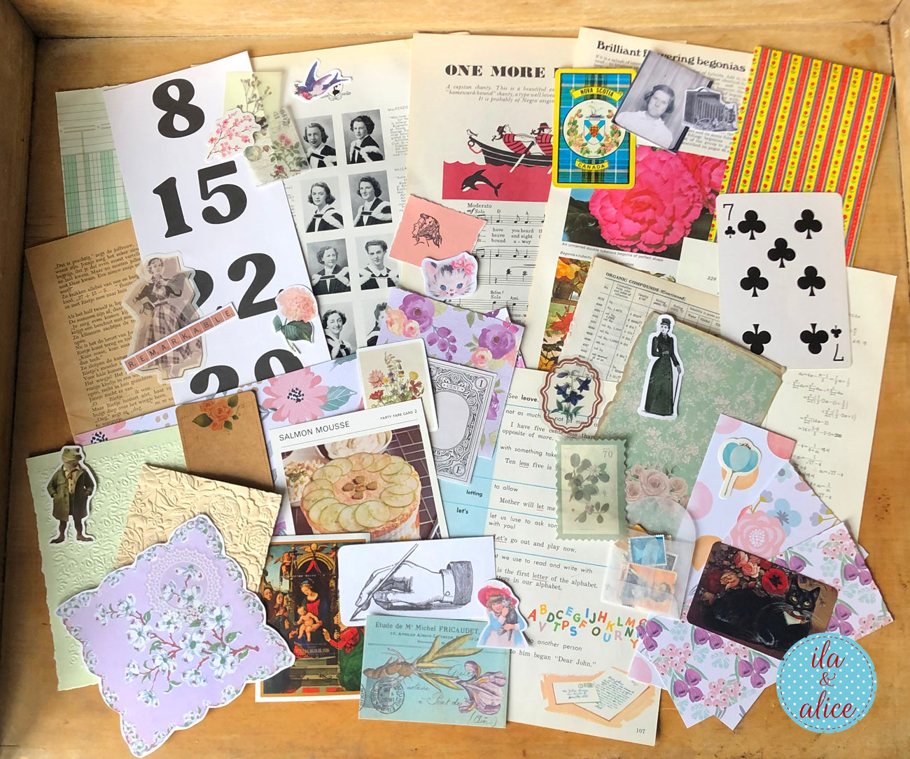 Curated 8x12 junk journal ephemera pack with layered papers, botanical elements, and tuck-able pieces. Vintage pieces of ephemera and vintage book pages included.