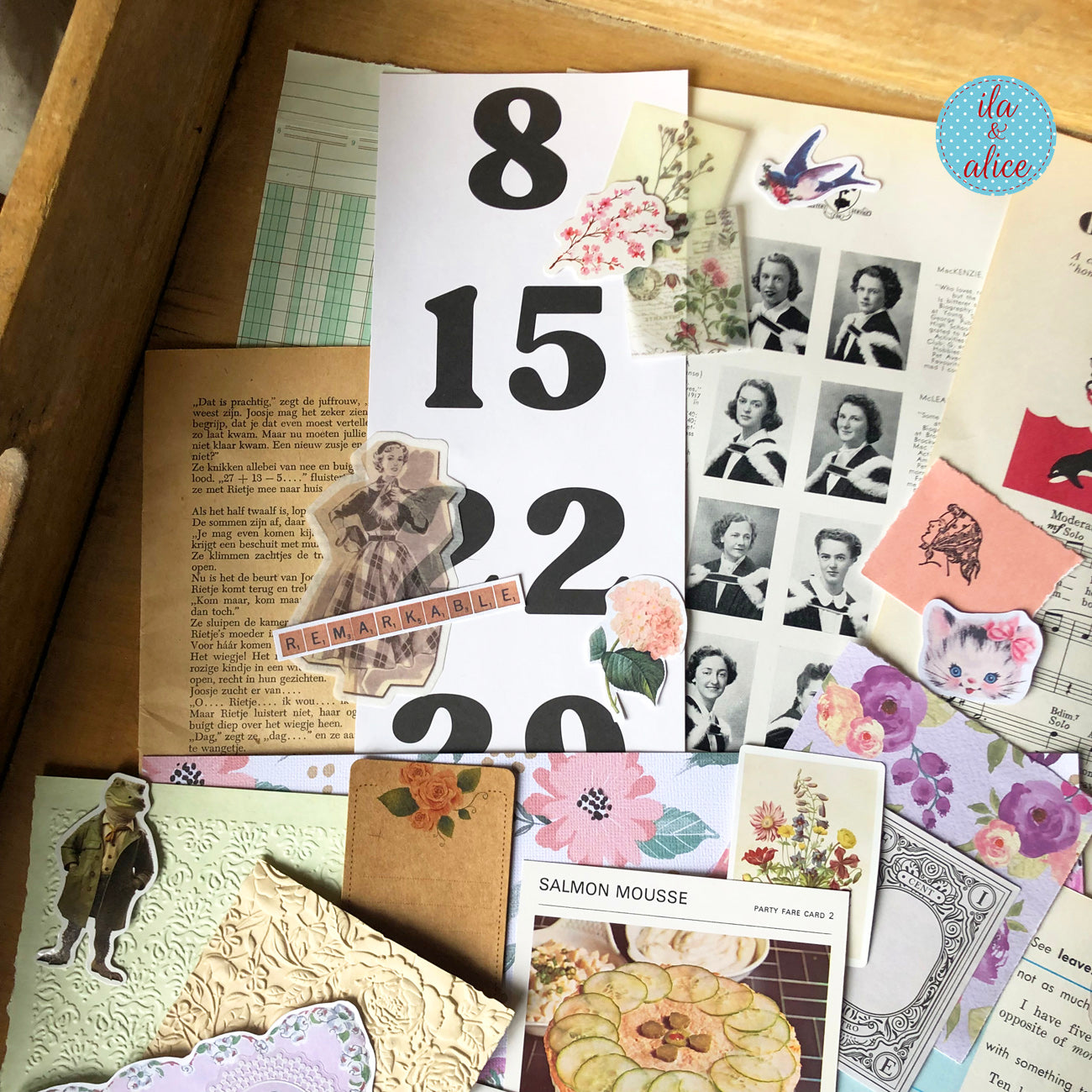 Curated 8x12 junk journal ephemera pack with layered papers, botanical elements, and tuck-able pieces. Vintage pieces of ephemera and vintage book pages included.