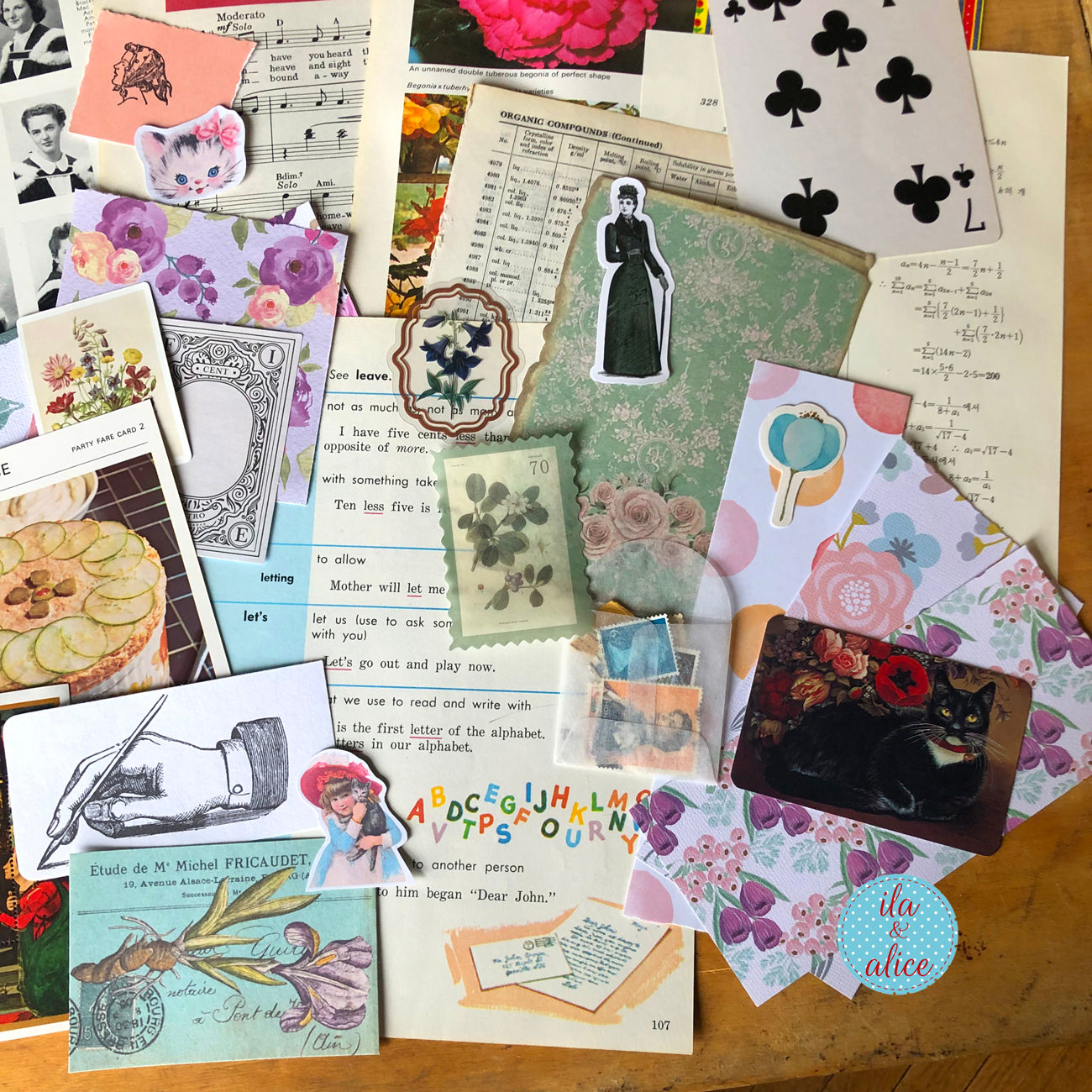 Curated 8x12 junk journal ephemera pack with layered papers, botanical elements, and tuck-able pieces. Vintage pieces of ephemera and vintage book pages included.