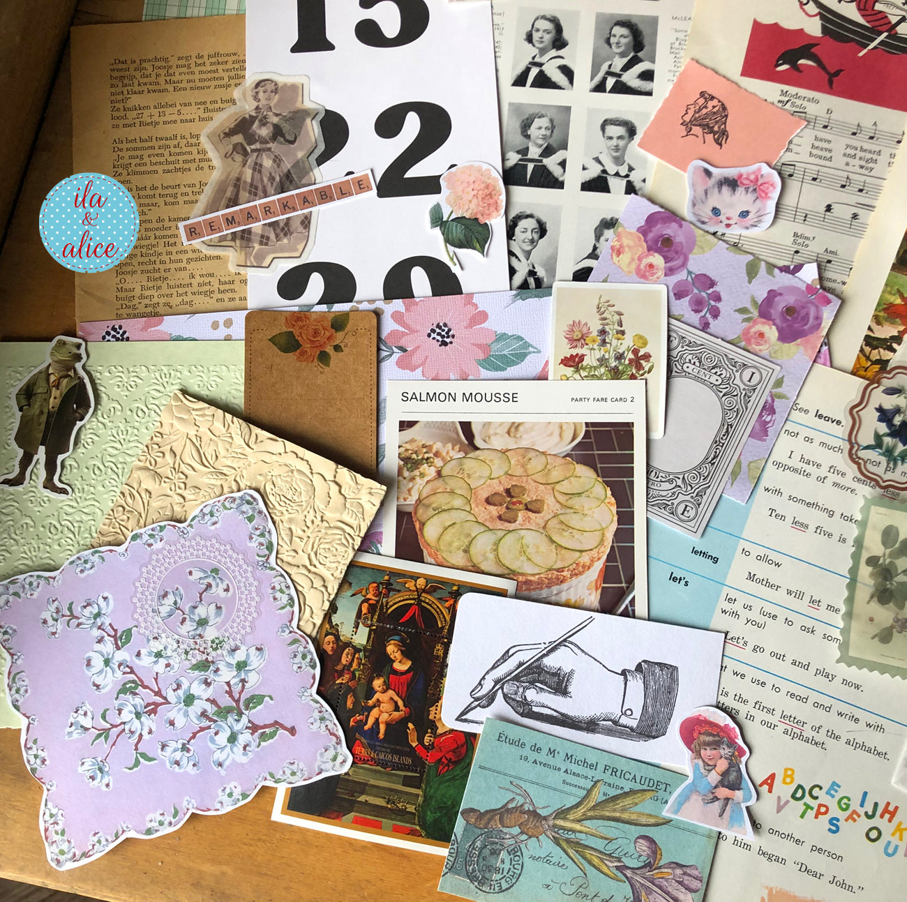 Curated 8x12 junk journal ephemera pack with layered papers, botanical elements, and tuck-able pieces. Vintage pieces of ephemera and vintage book pages included.
