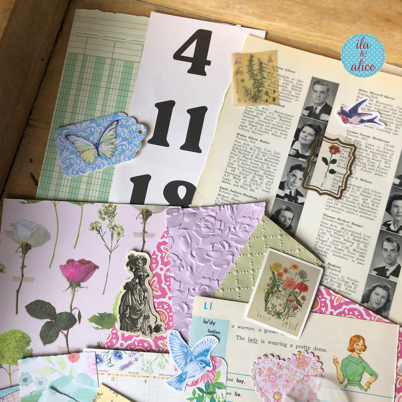 Curated 8x12 junk journal ephemera pack with layered papers, botanical elements, and tuck-able pieces. Vintage pieces of ephemera and vintage book pages included.