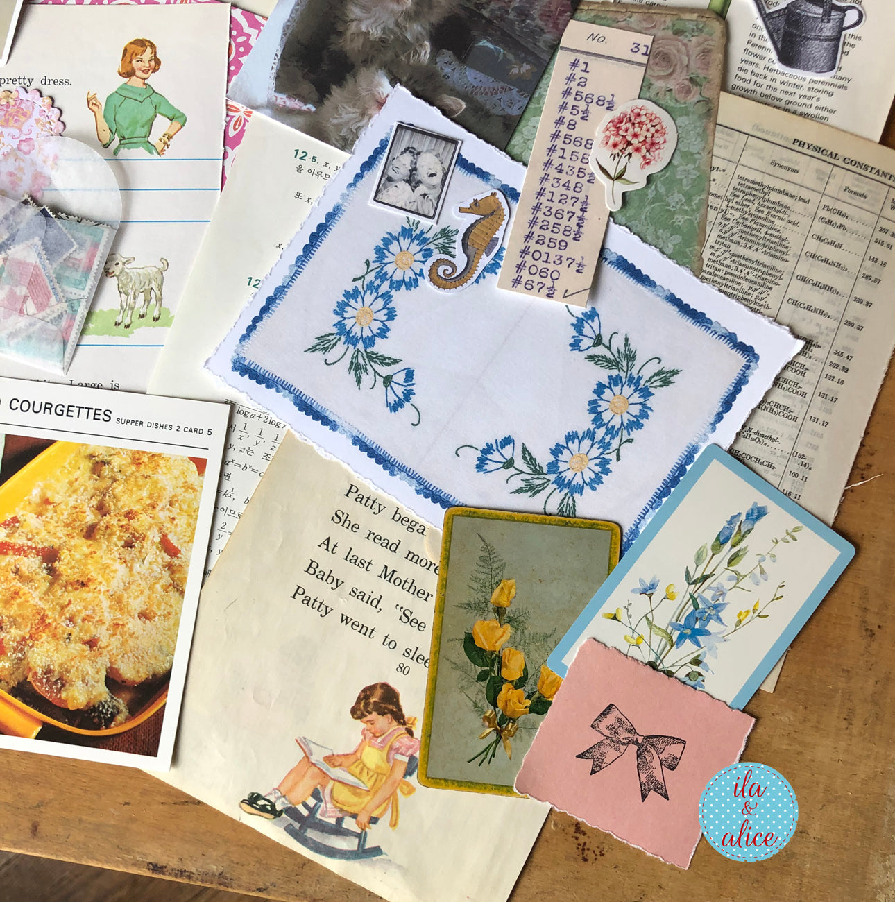 Curated 8x12 junk journal ephemera pack with layered papers, botanical elements, and tuck-able pieces. Vintage pieces of ephemera and vintage book pages included.