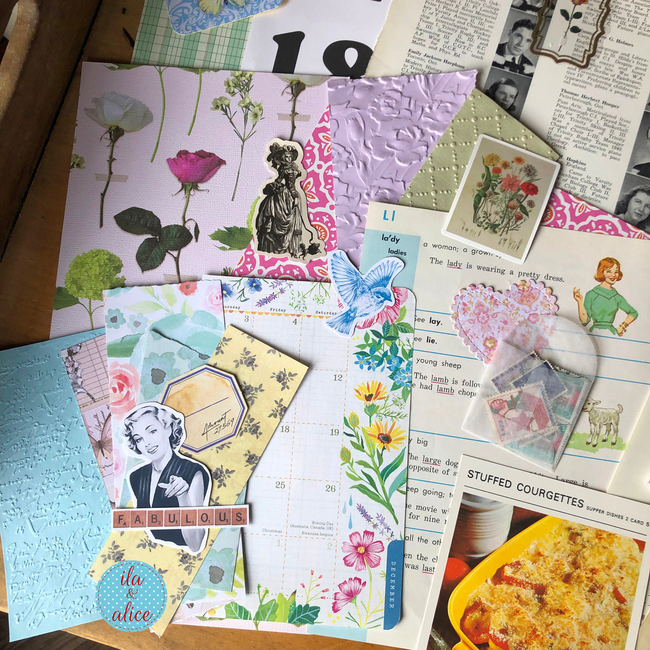 Curated 8x12 junk journal ephemera pack with layered papers, botanical elements, and tuck-able pieces. Vintage pieces of ephemera and vintage book pages included.