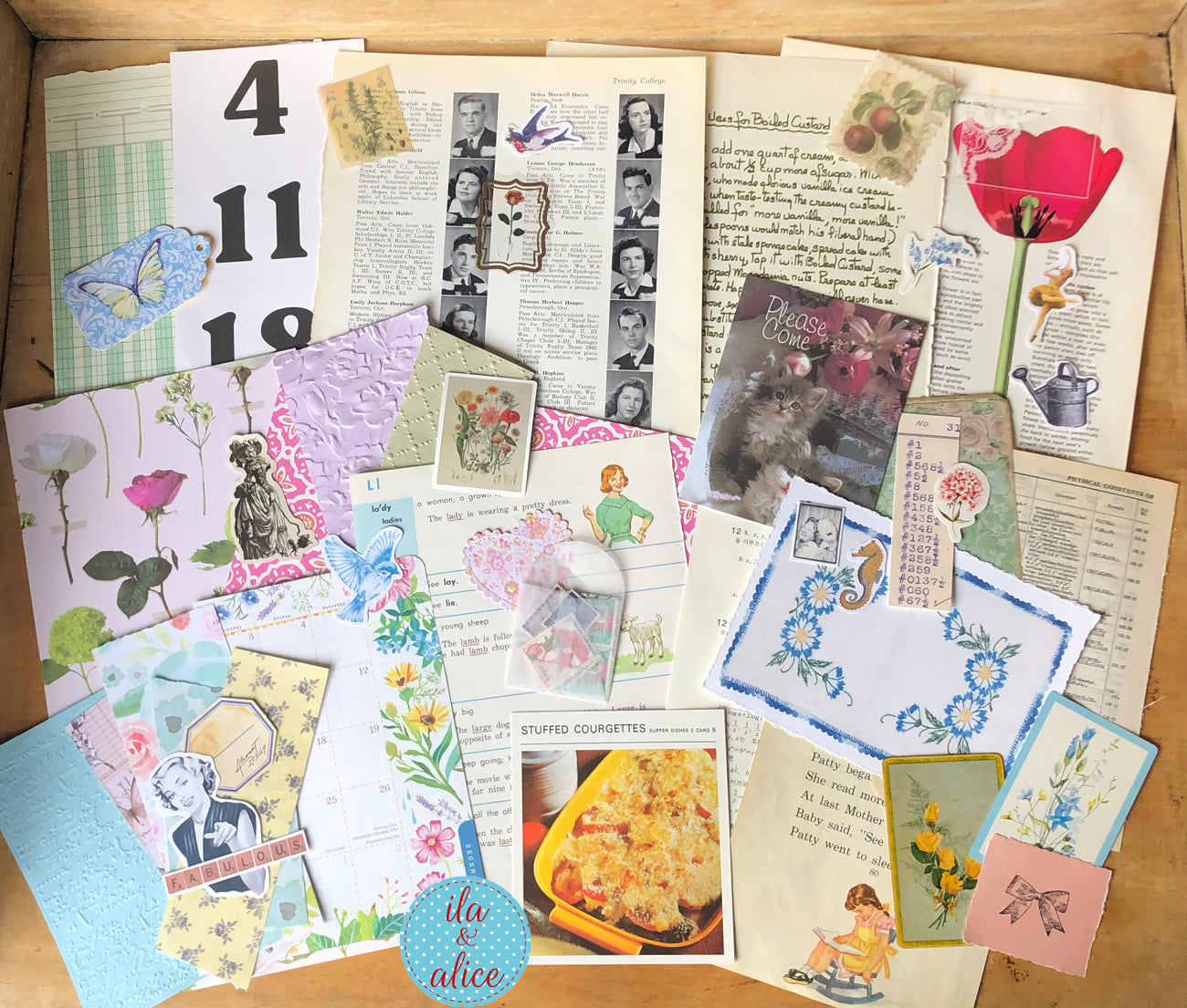 Curated 8x12 junk journal ephemera pack with layered papers, botanical elements, and tuck-able pieces. Vintage pieces of ephemera and vintage book pages included.