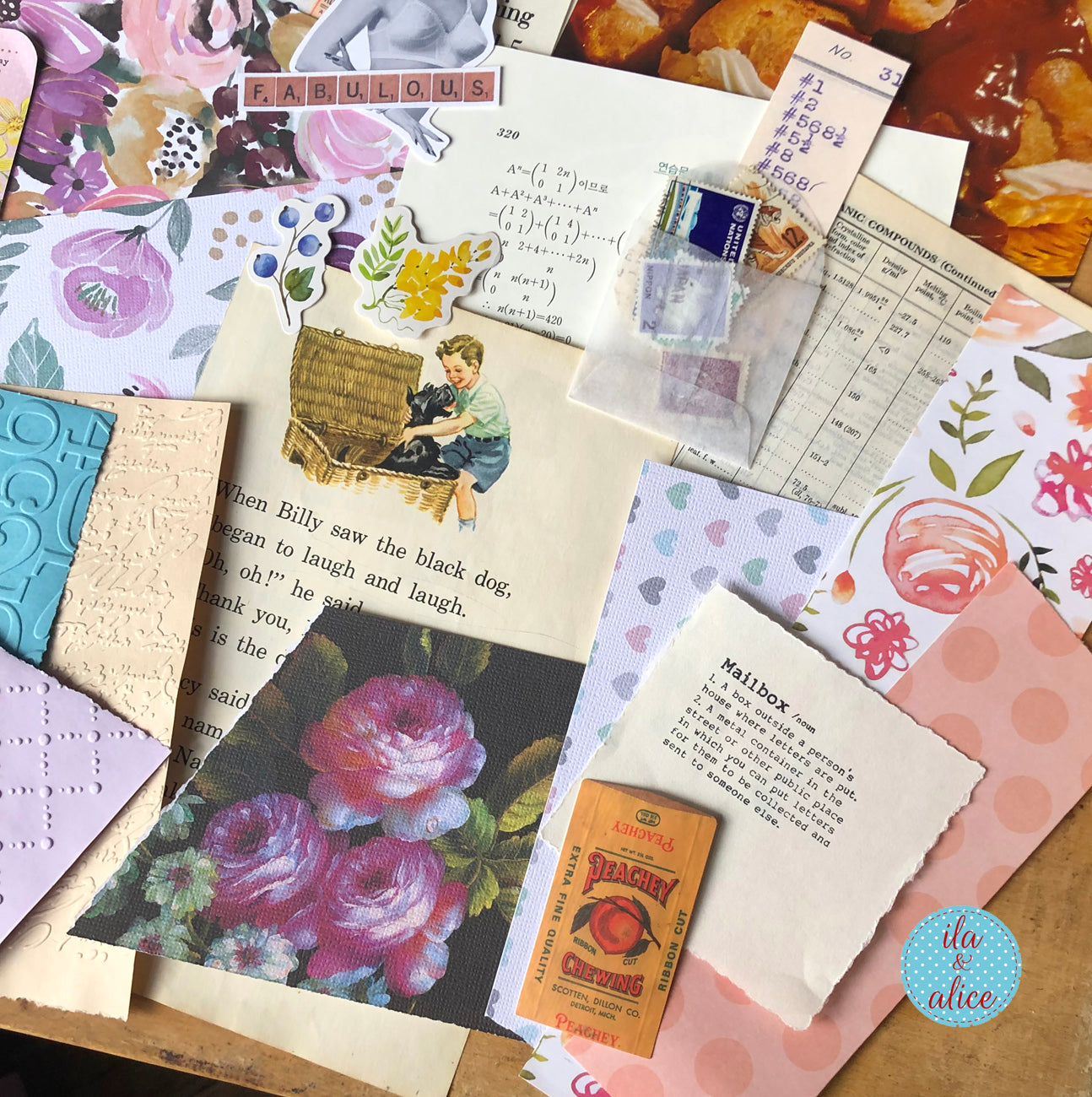 Curated 8x12 junk journal ephemera pack with layered papers, botanical elements, and tuck-able pieces. Vintage pieces of ephemera and vintage book pages included.