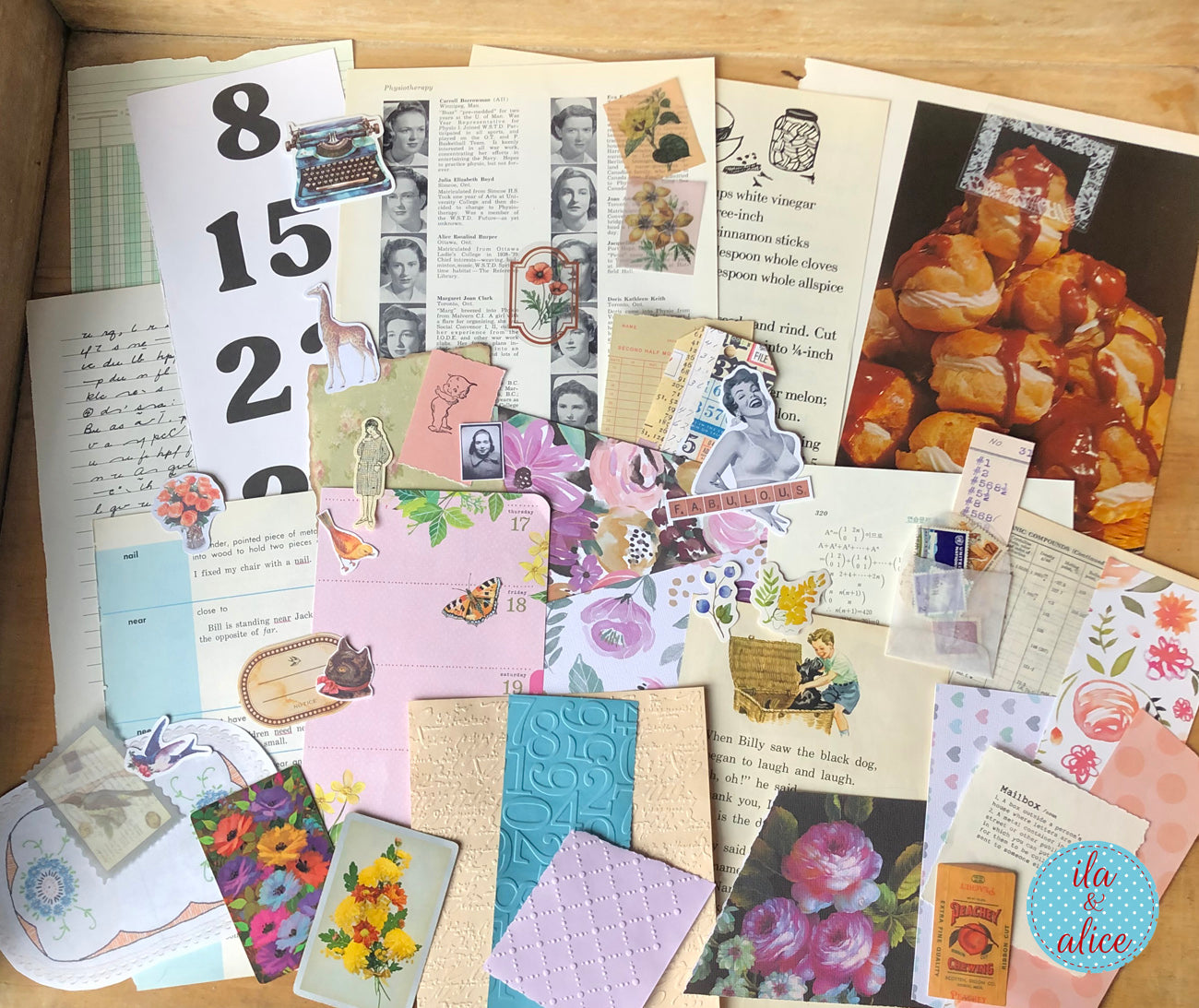 Curated 8x12 junk journal ephemera pack with layered papers, botanical elements, and tuck-able pieces. Vintage pieces of ephemera and vintage book pages included.