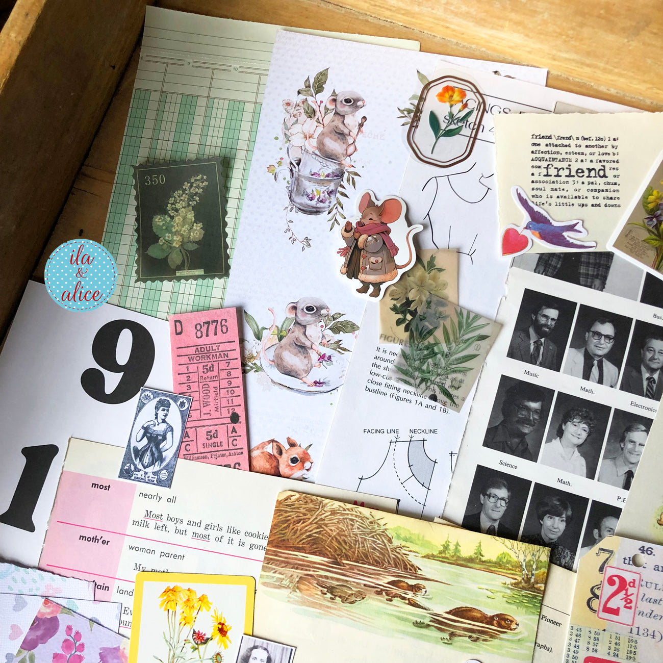 Curated 8x12 junk journal ephemera pack with layered papers, botanical elements, and tuck-able pieces. Vintage pieces of ephemera and vintage book pages included.