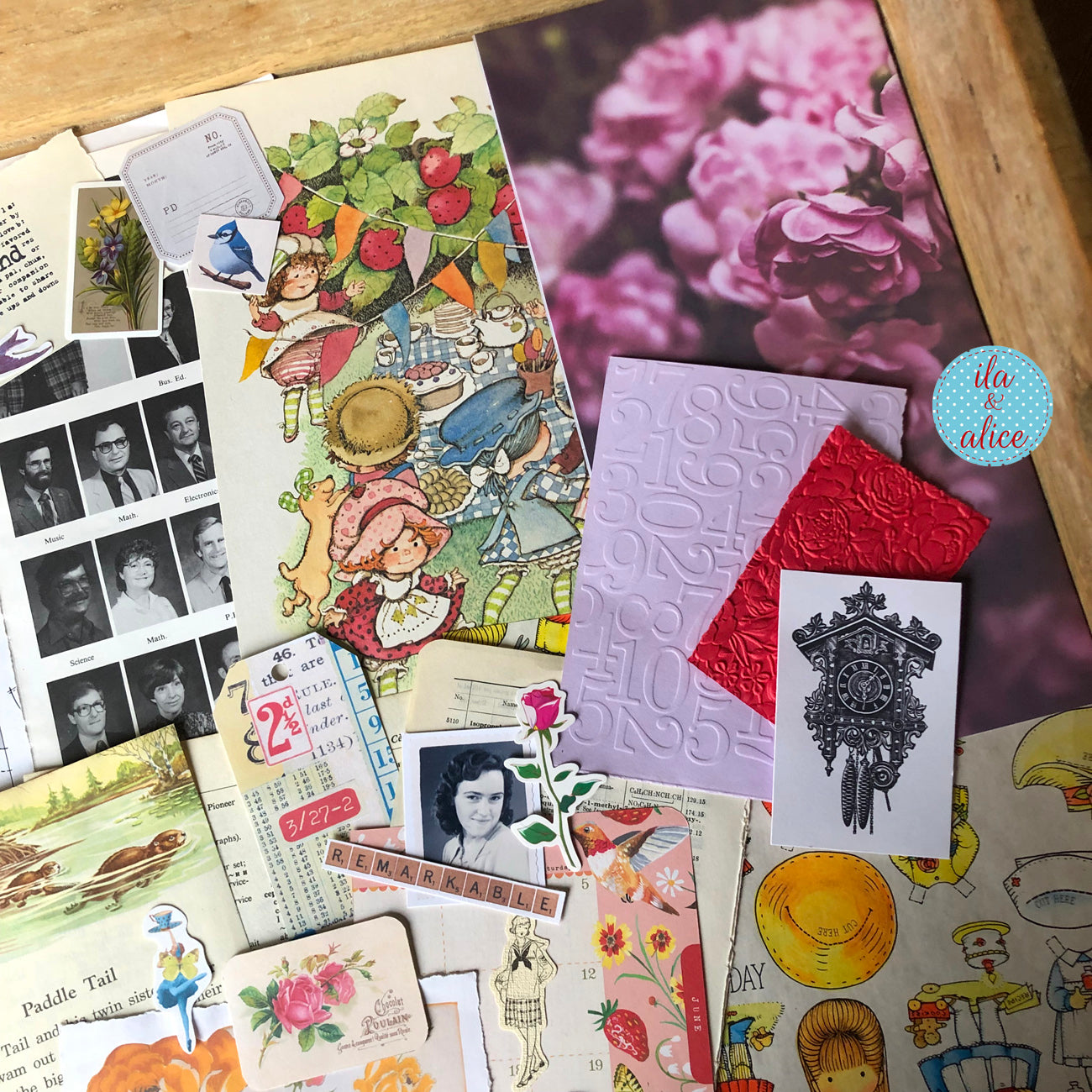 Curated 8x12 junk journal ephemera pack with layered papers, botanical elements, and tuck-able pieces. Vintage pieces of ephemera and vintage book pages included.