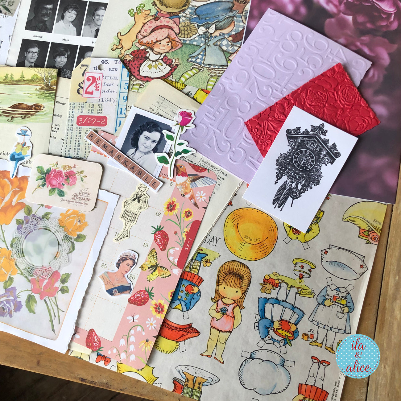 Curated 8x12 junk journal ephemera pack with layered papers, botanical elements, and tuck-able pieces. Vintage pieces of ephemera and vintage book pages included.