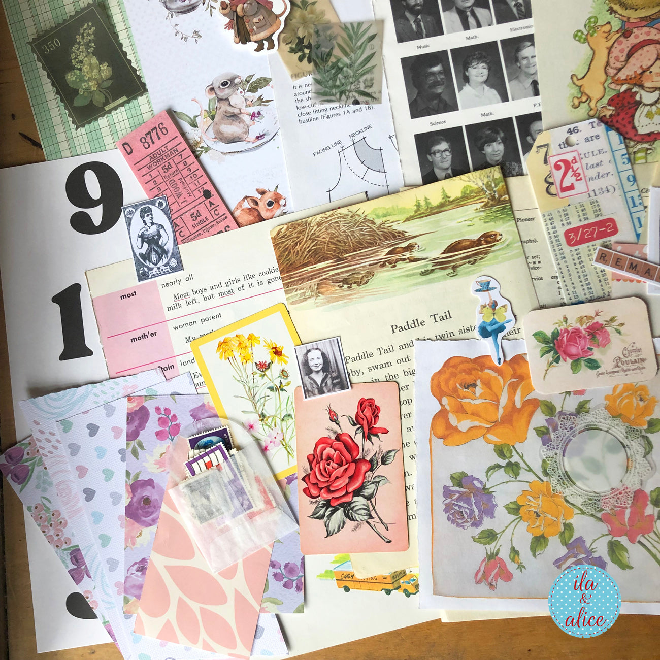 Curated 8x12 junk journal ephemera pack with layered papers, botanical elements, and tuck-able pieces. Vintage pieces of ephemera and vintage book pages included.