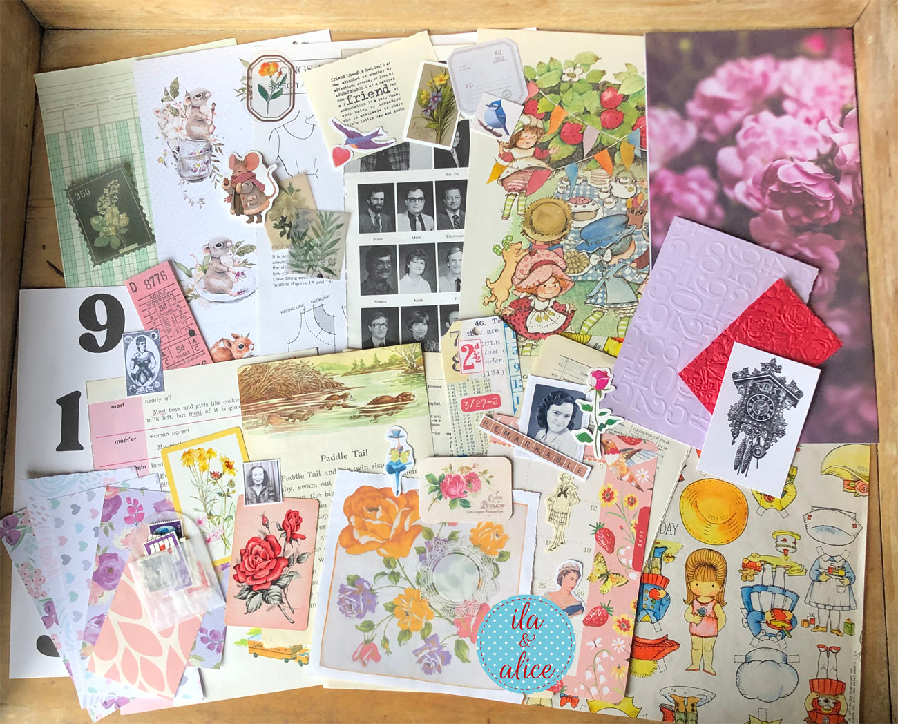 Curated 8x12 junk journal ephemera pack with layered papers, botanical elements, and tuck-able pieces. Vintage pieces of ephemera and vintage book pages included.