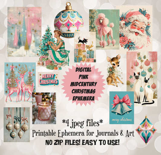 Digital Pastel & Gold Glitter Mid Century Christmas Junk Journal Ephemera Kit