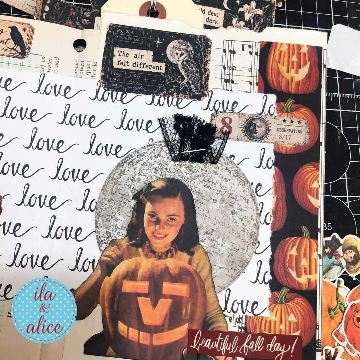 Halloween journal page layered with a vintage pumpkin image, black lace, and Midnight Findings owl and number ephemera.