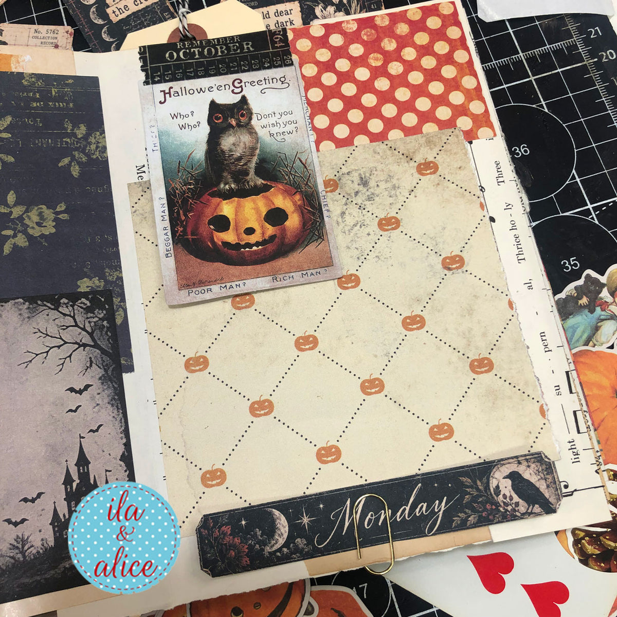 Halloween journal page with a vintage owl and pumpkin card, patterned papers, and a Midnight Findings Monday strip.