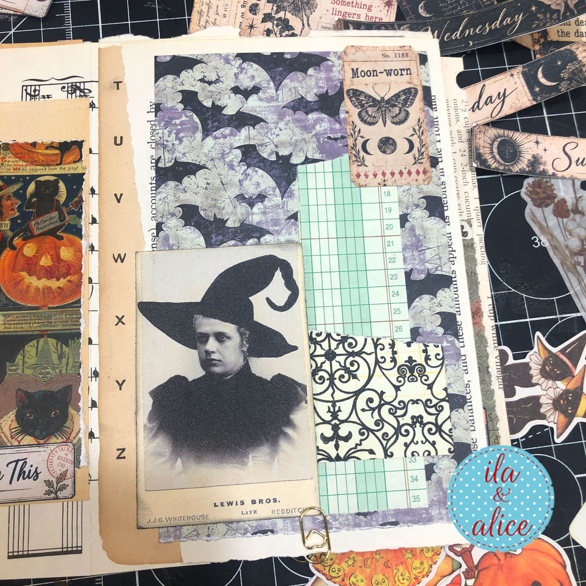 Gothic journal page with a vintage witch portrait, bat-patterned paper, and Midnight Findings Moon-worn moth tag.