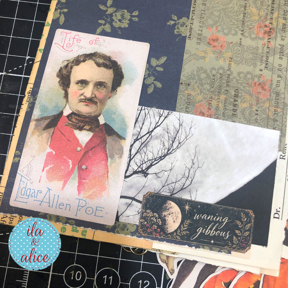 Vintage journal collage with a portrait card, moon photograph, and Midnight Findings waning gibbous moon label.