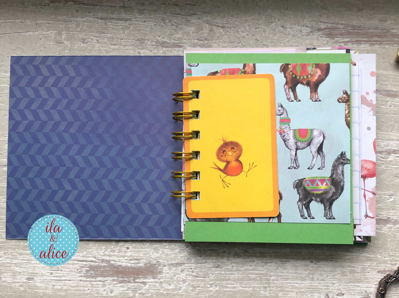 Handmade mini journal inside pages with vintage and vintage-inspired papers