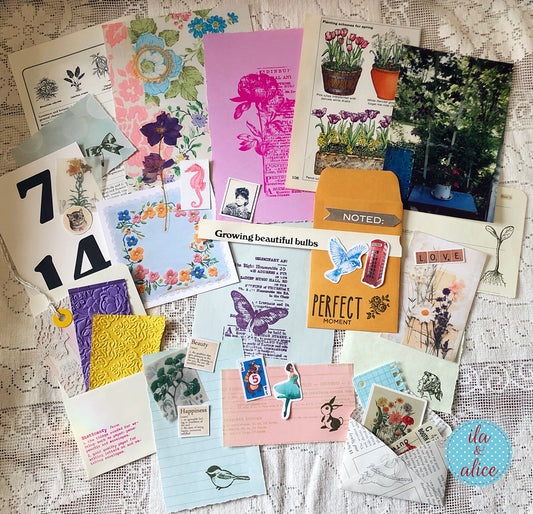 Curated 6x9 junk journal ephemera pack with layered papers, botanical elements, and tuck-able pieces. Vintage pieces of ephemera and vintage book pages included.