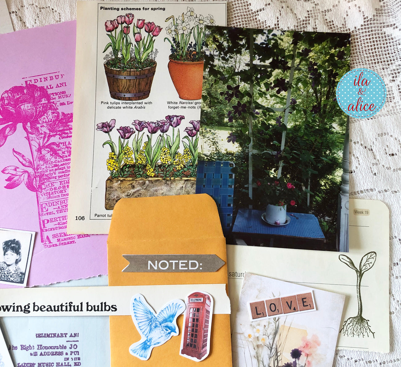 Curated 6x9 junk journal ephemera pack with layered papers, botanical elements, and tuck-able pieces. Vintage pieces of ephemera and vintage book pages included.