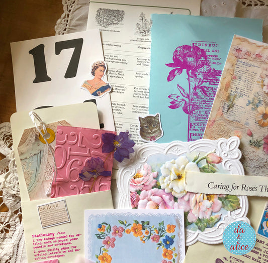 Curated 6x9 junk journal ephemera pack with layered papers, botanical elements, and tuck-able pieces. Vintage pieces of ephemera and vintage book pages included.
