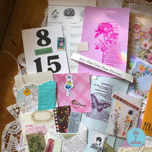 Curated junk journal ephemera pack with layered papers, botanical elements, and tuck-able pieces. Vintage pieces of ephemera and vintage book pages included.