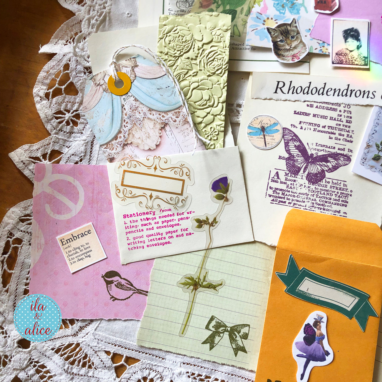 Curated 6x9 junk journal ephemera pack with layered papers, botanical elements, and tuck-able pieces. Vintage pieces of ephemera and vintage book pages included.