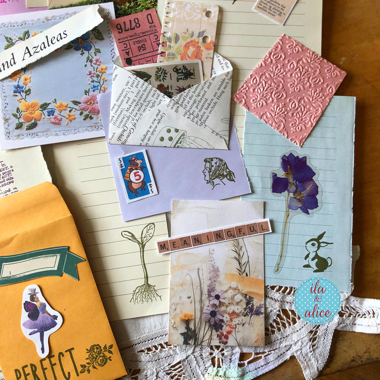 Curated 6x9 junk journal ephemera pack with layered papers, botanical elements, and tuck-able pieces. Vintage pieces of ephemera and vintage book pages included.