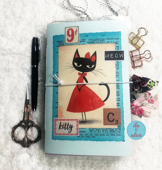 Cute Cat Junk Journal with Sweet Black Cat in a Vintage Red Dress Journal ila & alice 