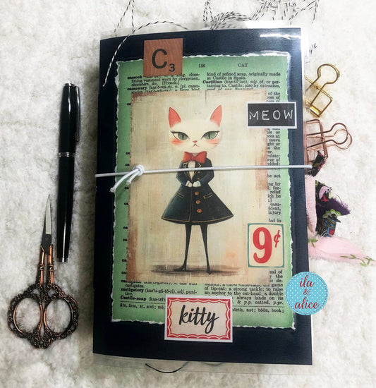 Cute Cat Junk Journal with Adorable White Cat in Smart Navy Jacket & Bow Tie Journal ila & alice 