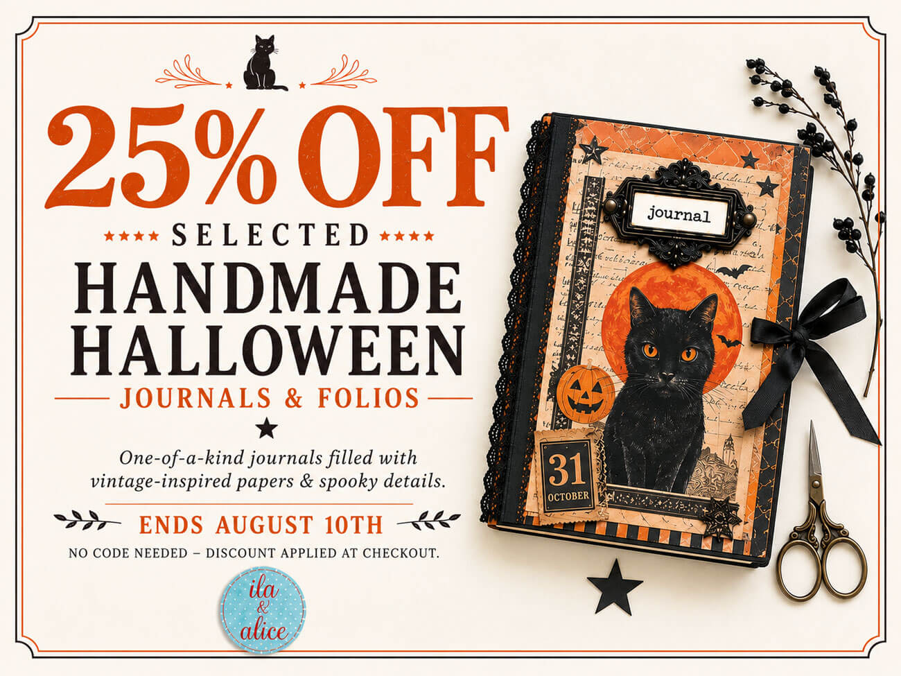 25% off all handmade journals and folios at ila and alice