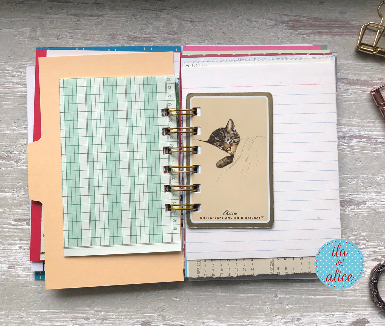 Open planner with various pages including a cat illustration, on a wooden surface.