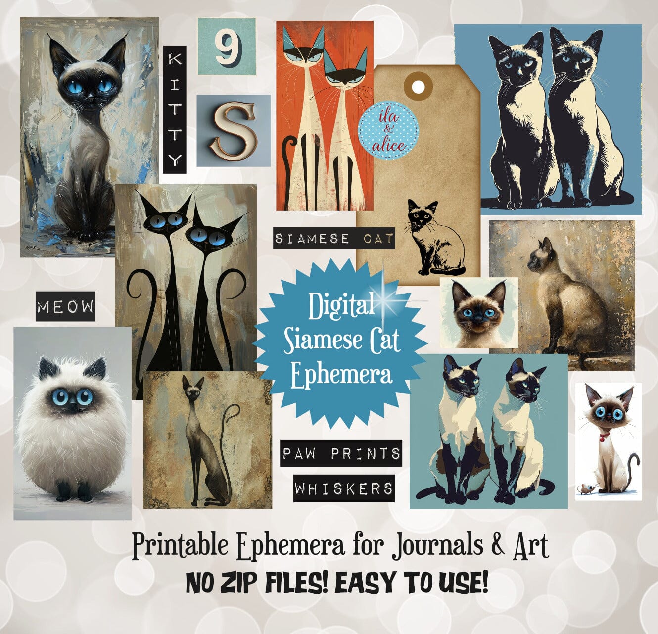 Digital Siamese Cat Junk Journal Ephemera Journal ila & alice 