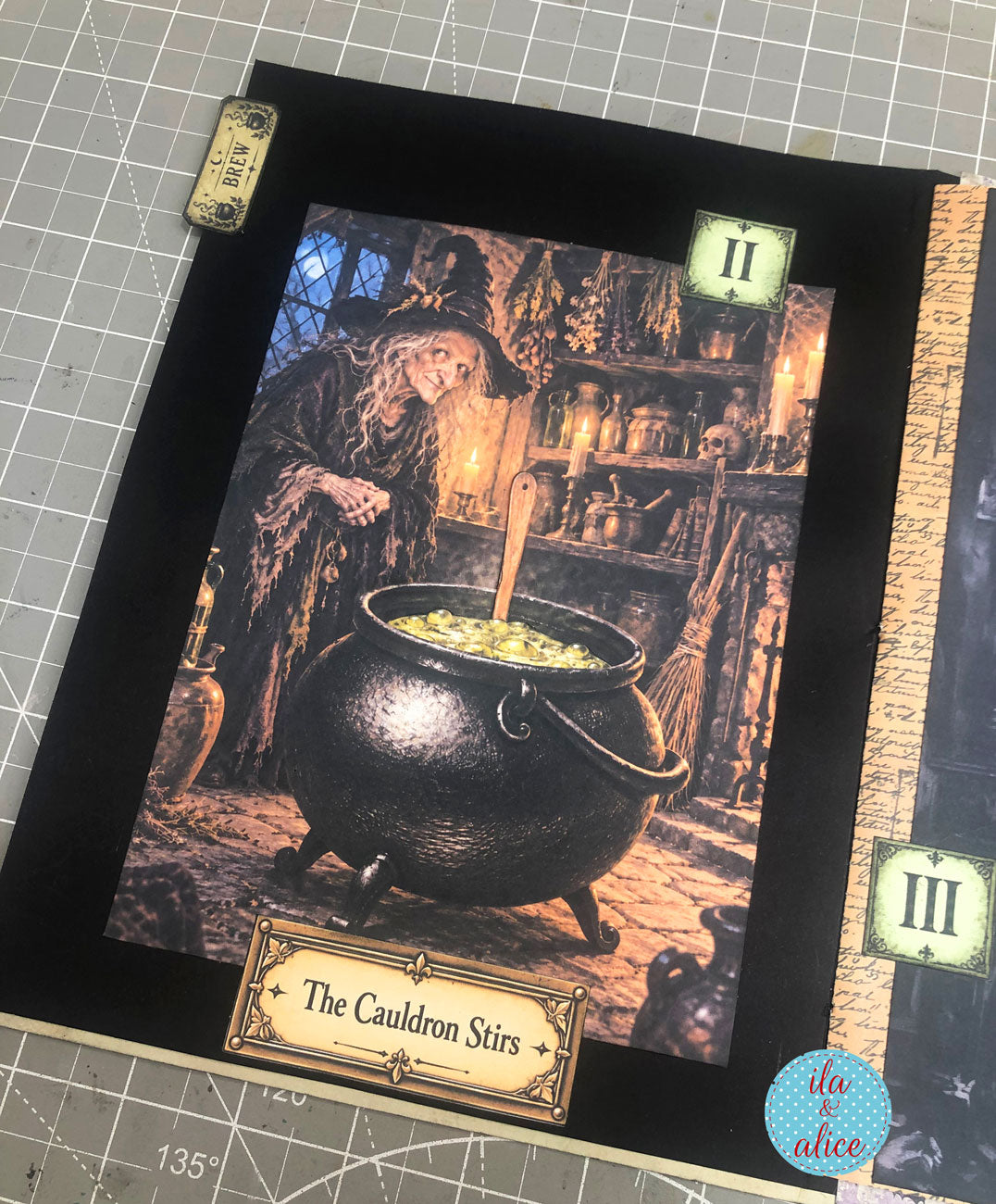 Interactive Halloween journal page featuring a witch beside a bubbling cauldron, candles, potion shelves, and a “The Cauldron Stirs” label.
