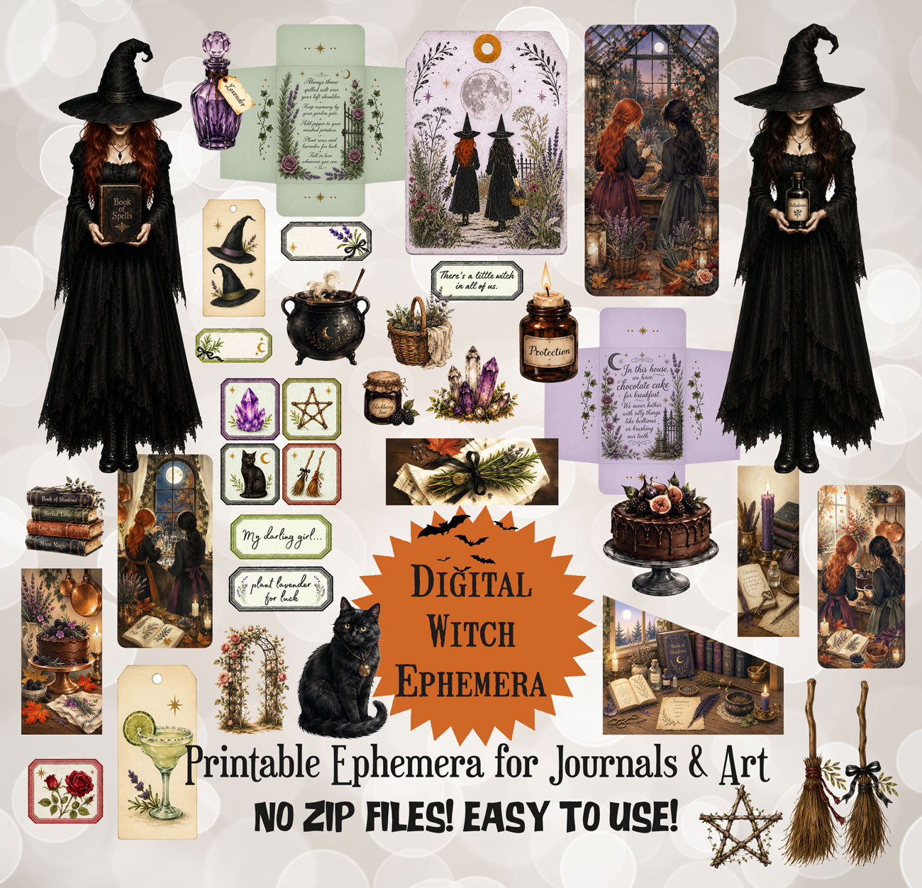A collage of printable witch-themed ephemera designs for journals and art, including illustrated witch figures, cards, labels, a cauldron, brooms, a black cat, and decorative text, with the center text reading 'Digital Witch Ephemera' and 'Printable Ephemera for Journals & Art'.
