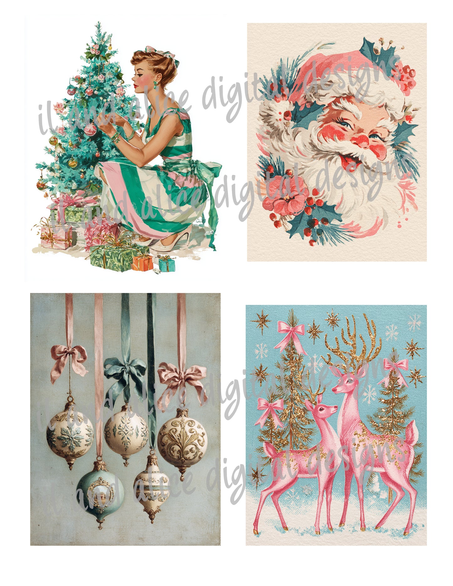 Digital Pastel & Gold Glitter Mid Century Christmas Junk Journal Ephemera Kit