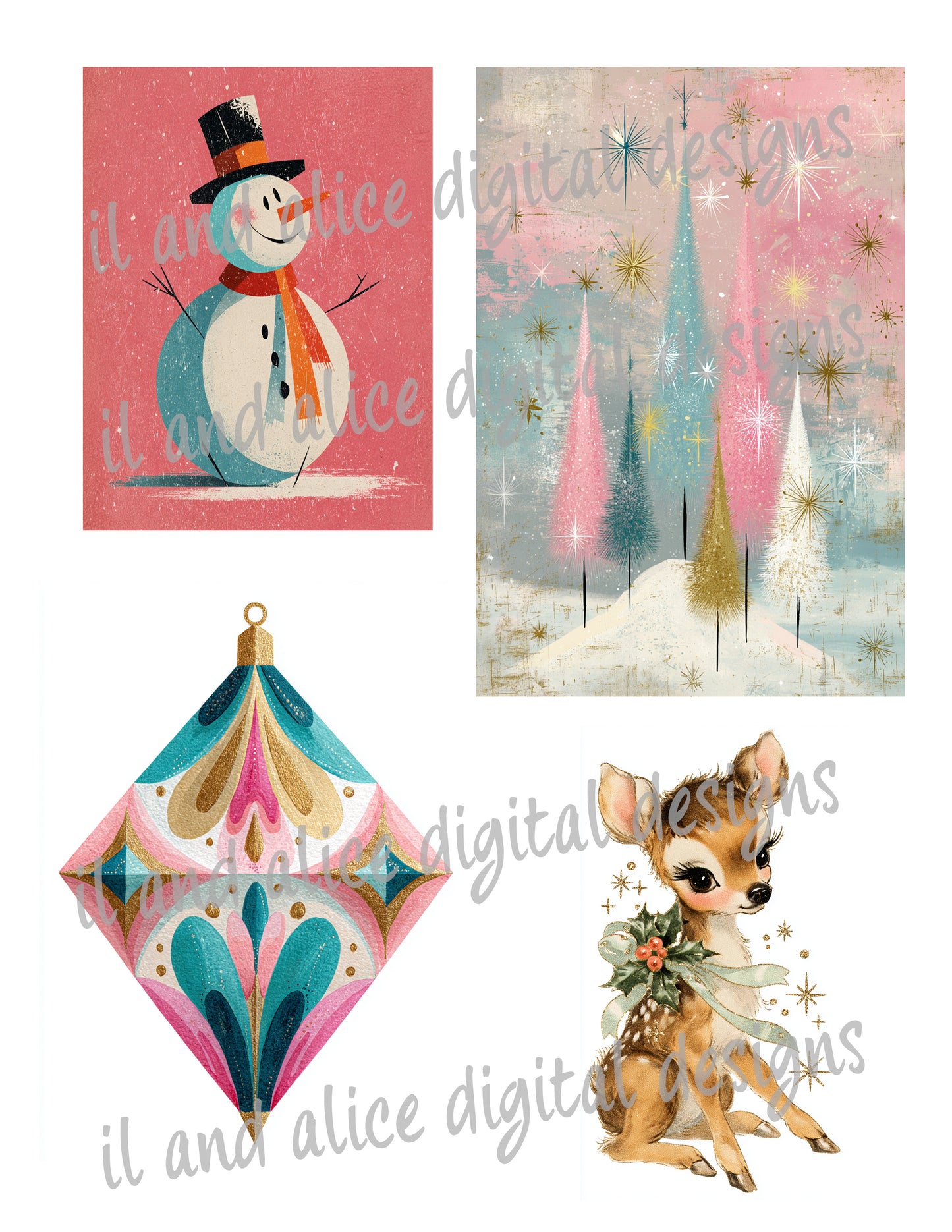 Digital Pastel & Gold Glitter Mid Century Christmas Junk Journal Ephemera Kit