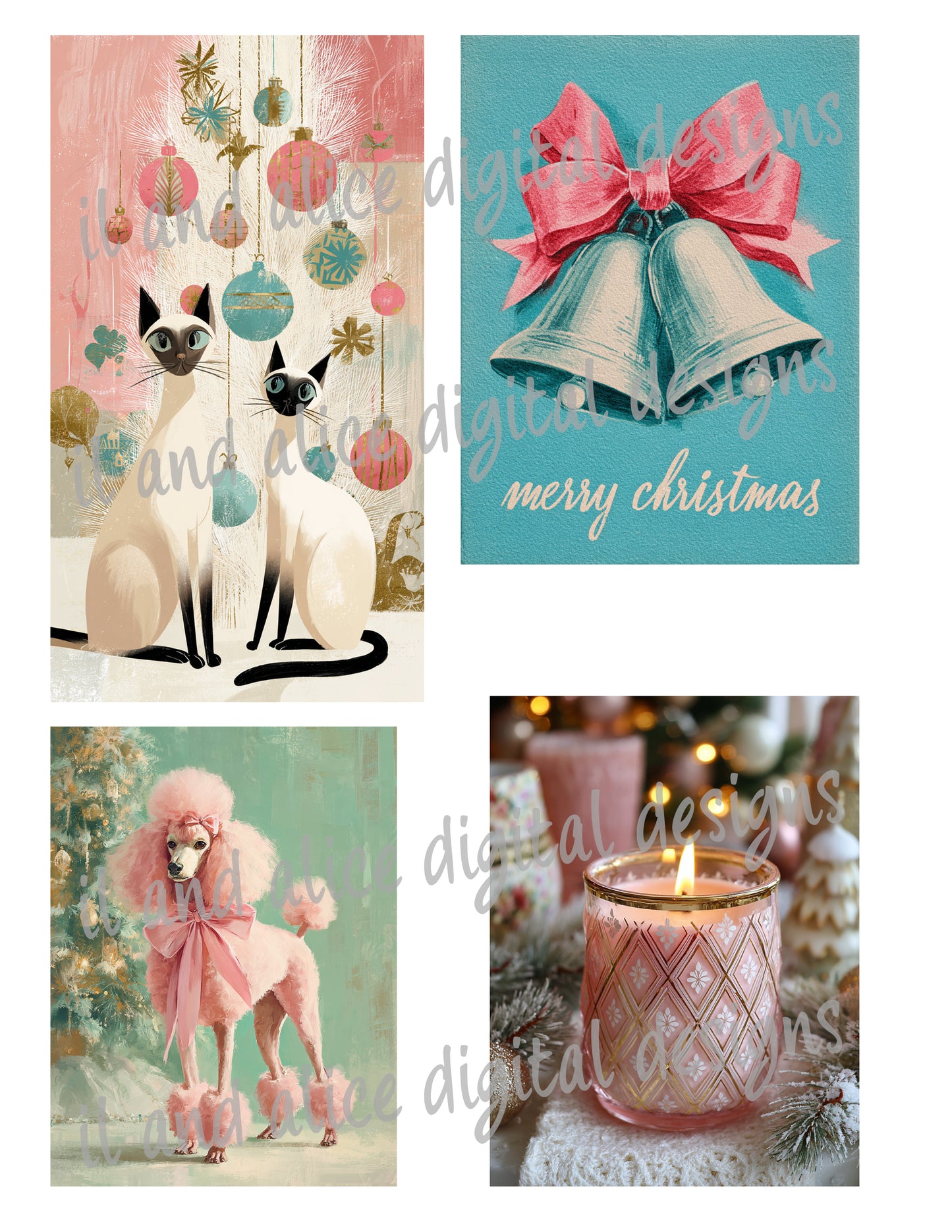 Digital Pastel & Gold Glitter Mid Century Christmas Junk Journal Ephemera Kit