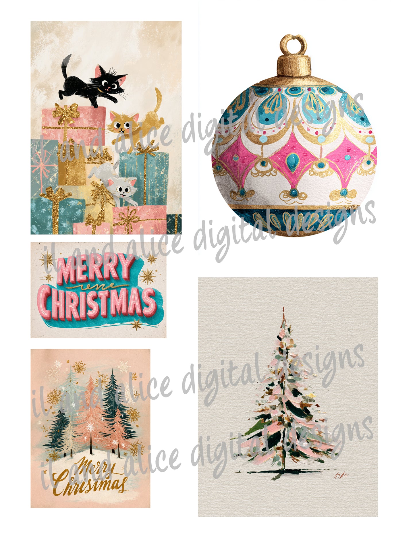 Digital Pastel & Gold Glitter Mid Century Christmas Junk Journal Ephemera Kit