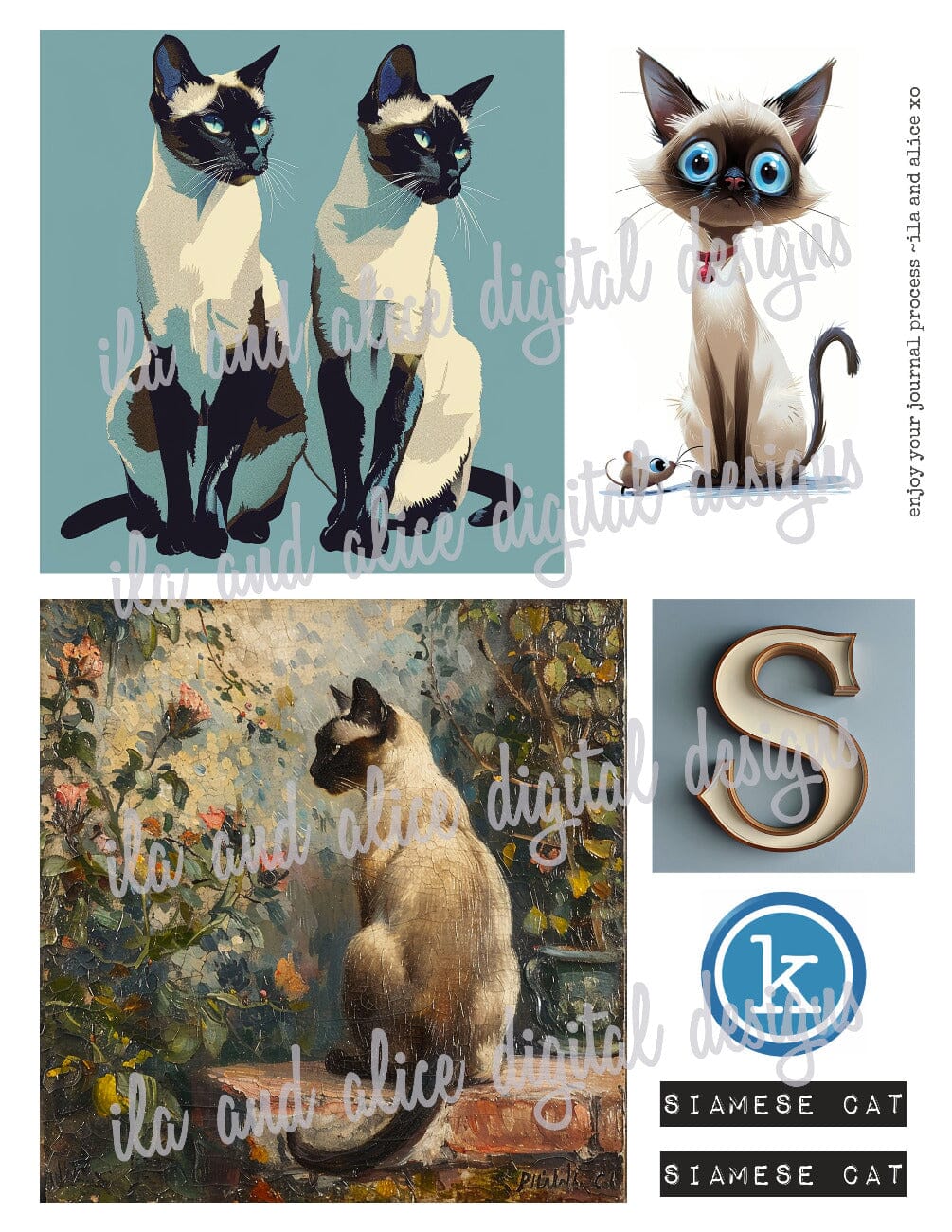 Digital Siamese Cat Junk Journal Ephemera Journal ila & alice 