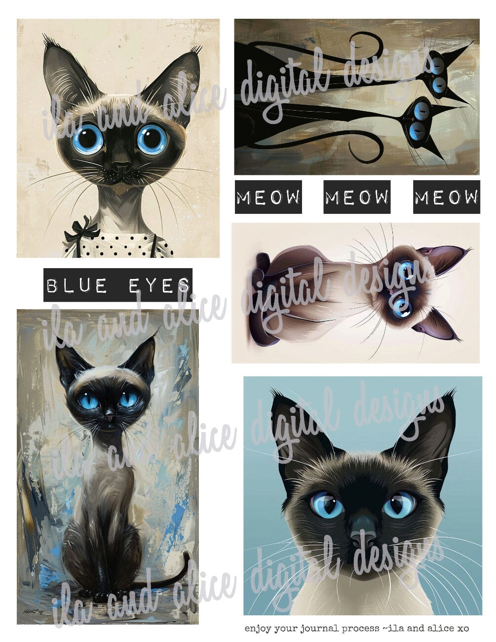 Digital Siamese Cat Junk Journal Ephemera Journal ila & alice 