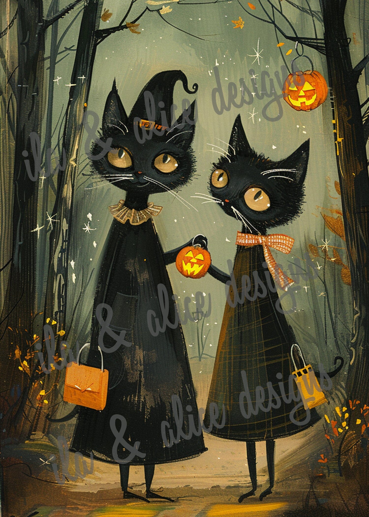 Black Cats Going Trick or Treating Halloween Postcards Post Cards ila & alice 